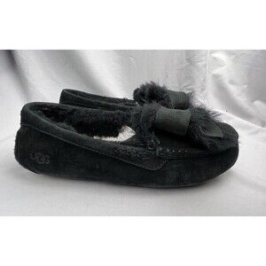 🌺UGG ANSLEY HERITAGE BOW Black‎ Suede Leather Moccasin Slippers Sz 7🌺